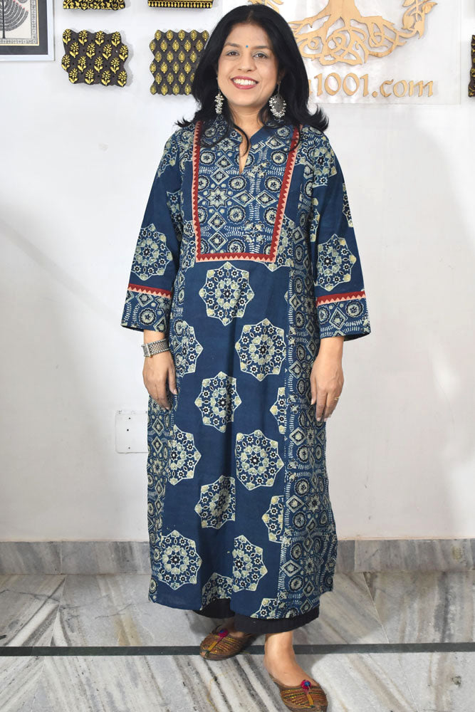 Designer Hand Block Printed Ajrakh cotton Kurta / Dress - Size 38 to 48 ( all sizes)