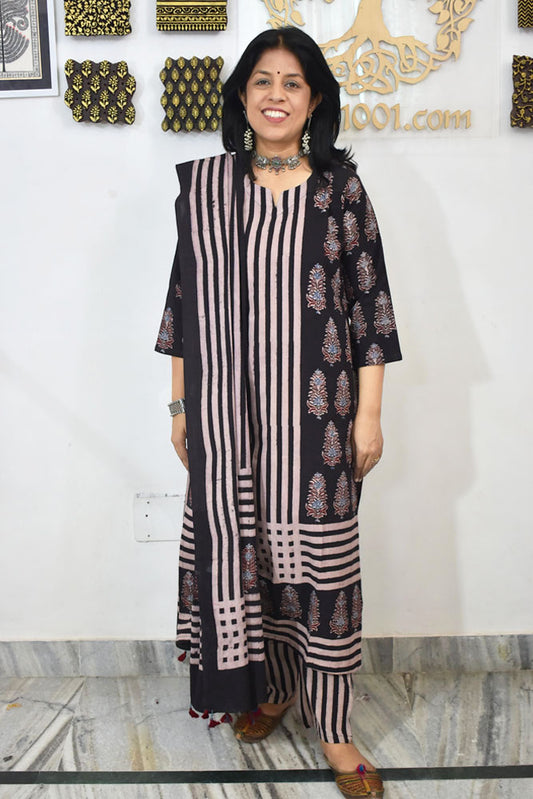 Designer Hand Block print Ajrakh Cotton suit with Full width Cotton Dupatta  - Size 38 to 46