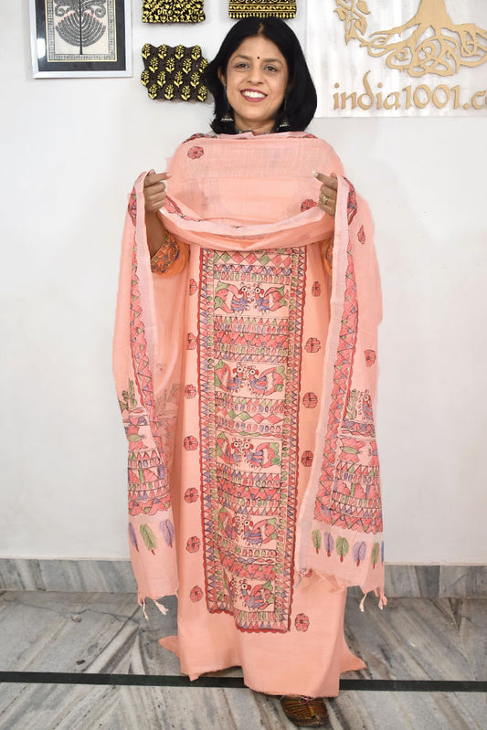 Slub Cotton suit with Hand Painted Madhubani Art patterns