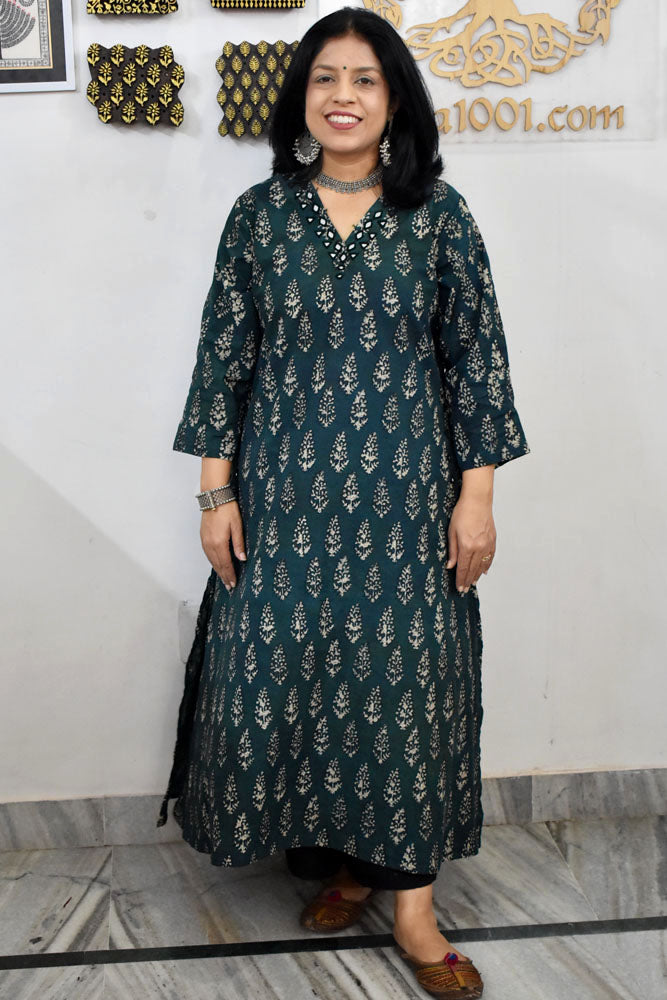 Beautiful Hand Block Printed Vanaspati Ajrakh Cotton kurta with Kutch Mirror work , Size 40 to 46