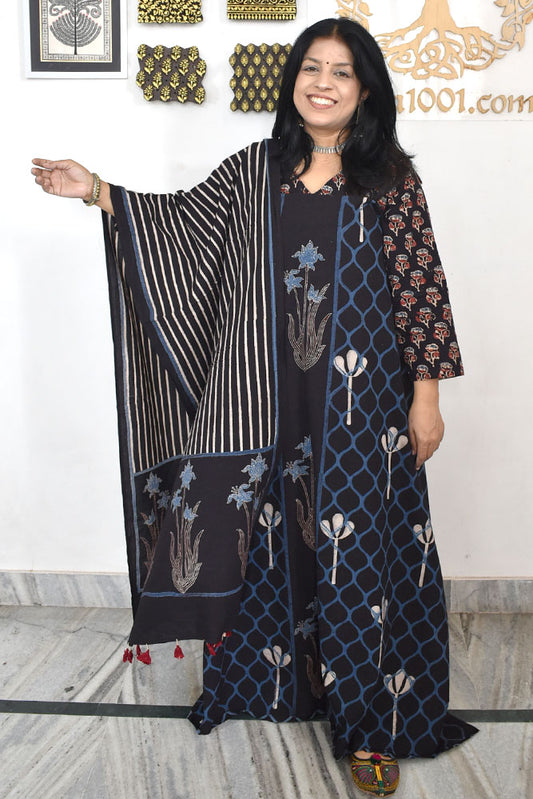 Designer Ajrakh Cotton kurta with Stole & Cotton Bottom - 3 piece set