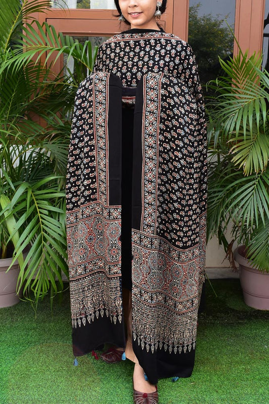 Elegant Modal Silk Ajrakh Block Print Dupatta with tassels