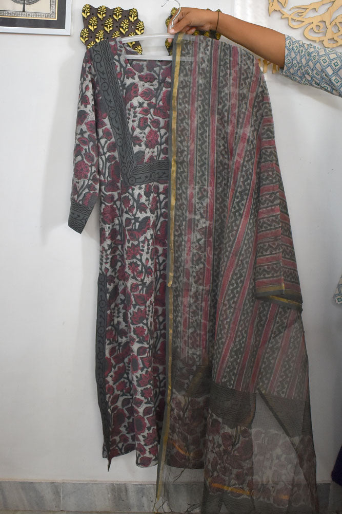 Vanaspati Ajrakh Hand Block Printed stitched 3 pc Cotton suit - 38 to 46 size