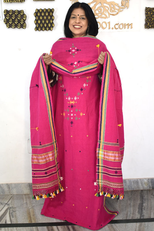 Premium Handwoven Kala Cotton Bhujodi suits with Mirror and Miri work - 3 pc set