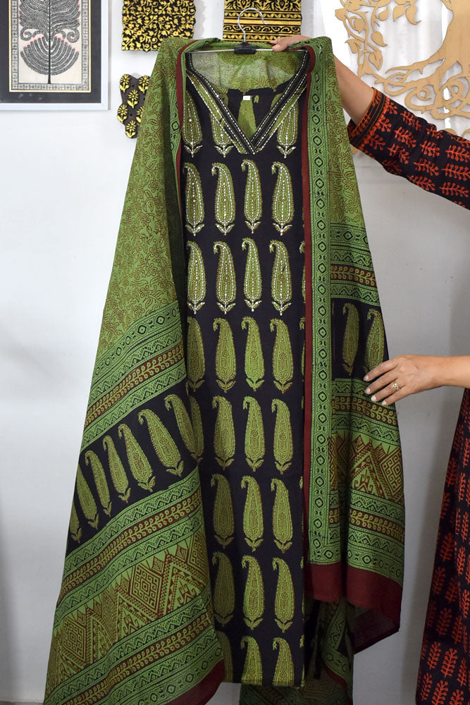 Bagh Hand Block Printed stitched 3 pc Cotton suit With Hand Embroidery - 46 size