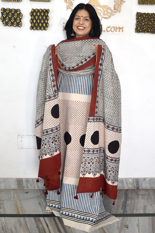 Designer Ajrakh Cotton Unstitched suit with  panel design, Ajrakh Dupatta & Bottom- 3 piece set