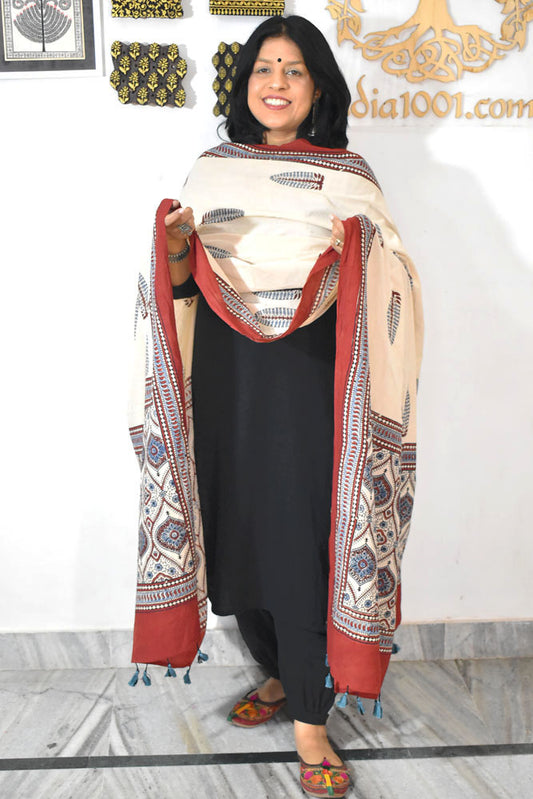 Ajrakh Hand Block Printed Cotton Dupatta with Tassels & natural dyes