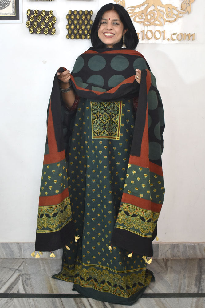 Designer Ajrakh Cotton Unstitched suit with  panel design, Ajrakh Dupatta - 2 piece set
