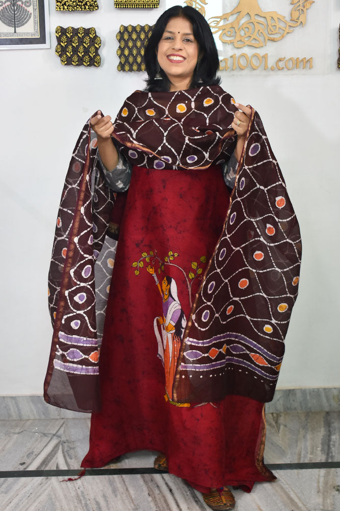Elegant Handwoven Maheshwari silkcotton kurta fabric & dupatta set with  Wax Batik work