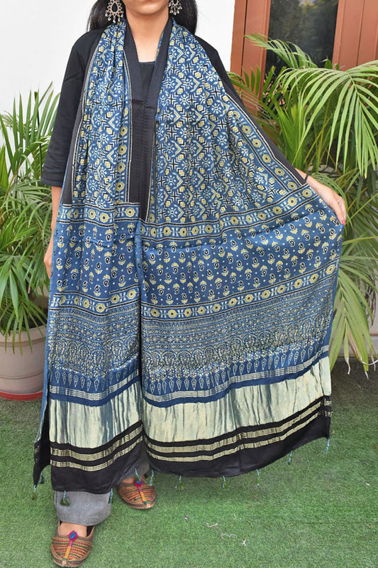 Beautiful Ajrakh Modal Silk Hand block Printed Stole with lagdi patta