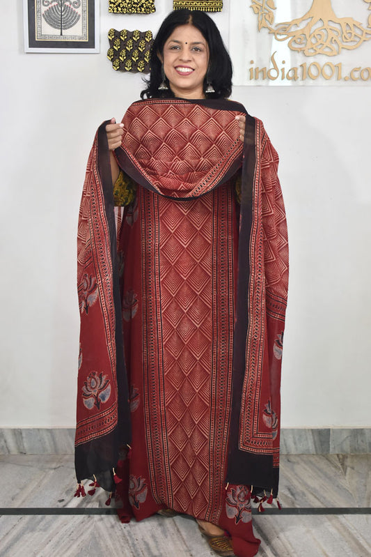 Ajrakh Hand Block Print Georgette Dupatta & Georgette Kurta Fabric