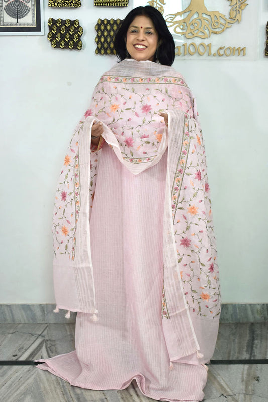 Beautiful Pure Linen suit with intricate embroidery on the kurta & dupatta and cotton silk bottom