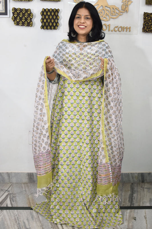 Beautiful Hand Block Printed Cotton unstitched suit fabric with Kota Doria Dupatta