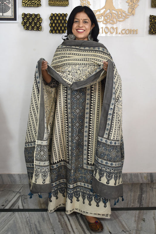 Block Print Ajrakh Cotton Suit with designer Ajrakh neck yoke /panel & Dupatta