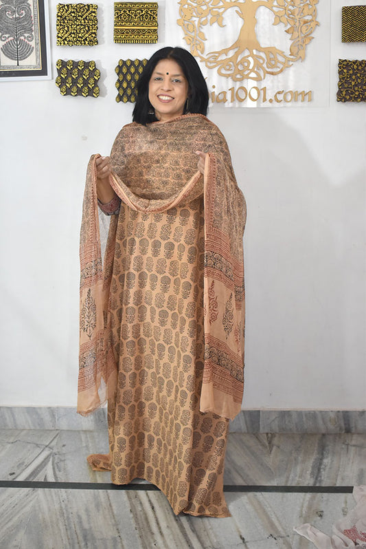 Classic Bagh Block Printed unstitched suit fabric with chiffon dupatta
