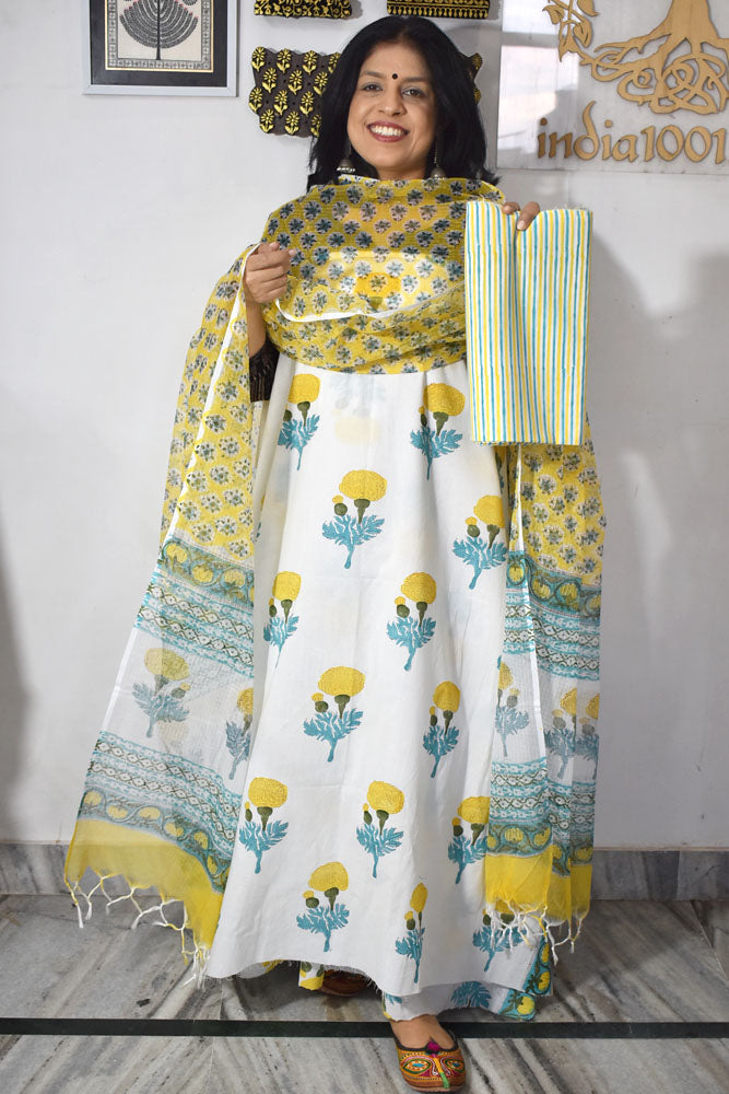 Designer Hand Block Print Cotton suit with Kota dupatta