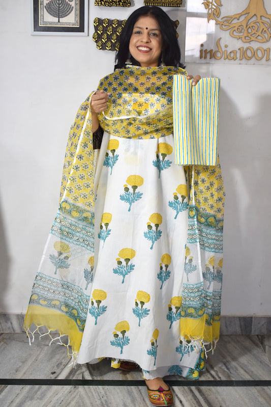 Designer Hand Block Print Cotton suit with Kota dupatta