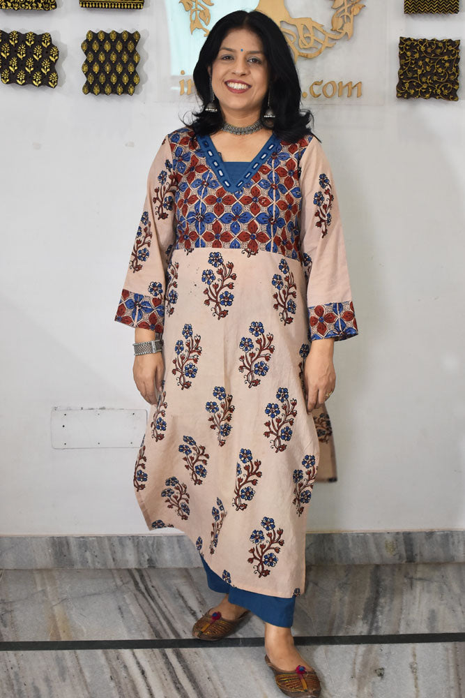 Beautiful Hand Block Printed Ajrakh Cotton kurta with Kutch Mirror work , Size 38 to 46