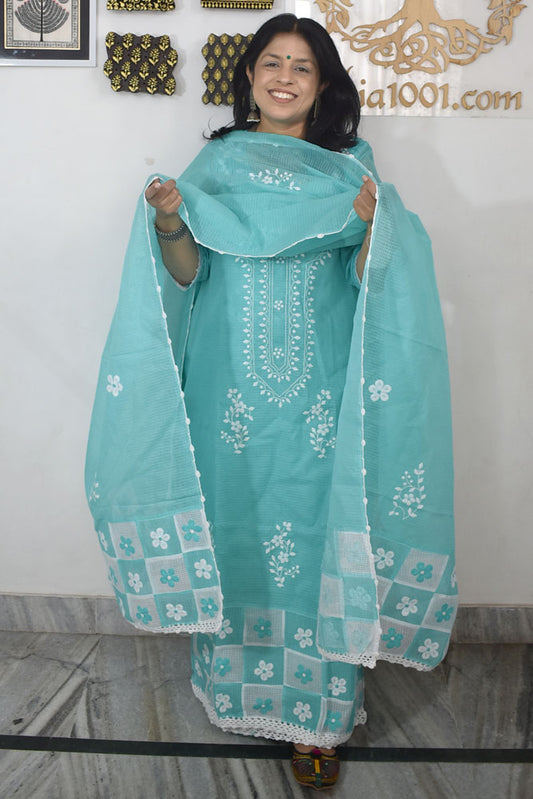 Elegant Kota Kurta & Dupatta set with Hand done Heavy Phool patti work & Cotton Bottom