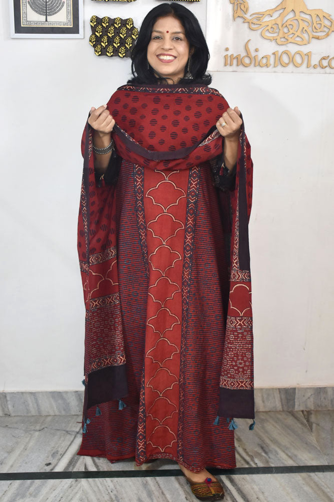 Block Print Ajrakh Cotton Suit with designer Ajrakh neck yoke /panel & Long Stole