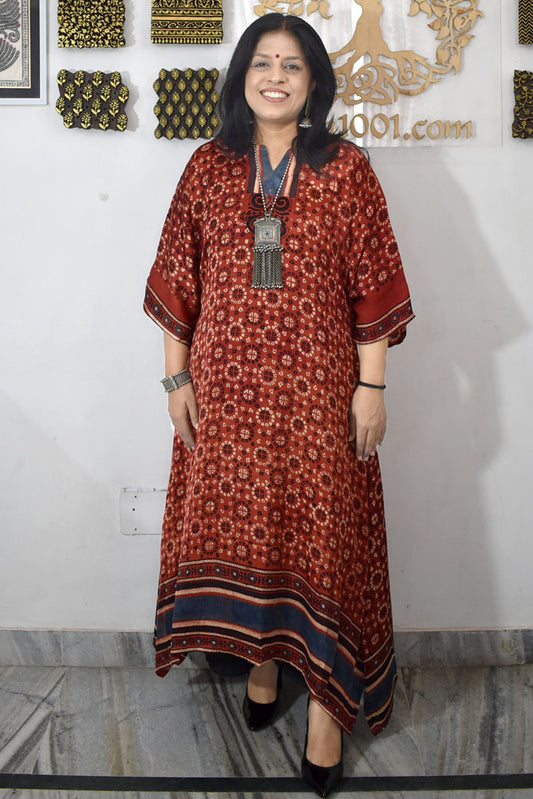 Beautiful Hand Block Printed Ajrakh Modal Silk Kaftan Kurta, Size 38 to 44
