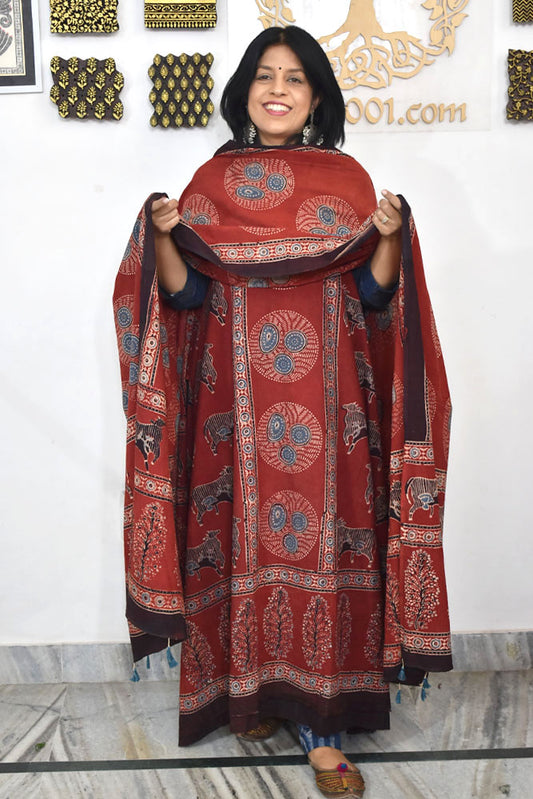 Block Print Ajrakh Cotton Suit with designer Ajrakh neck yoke /panel & Dupatta