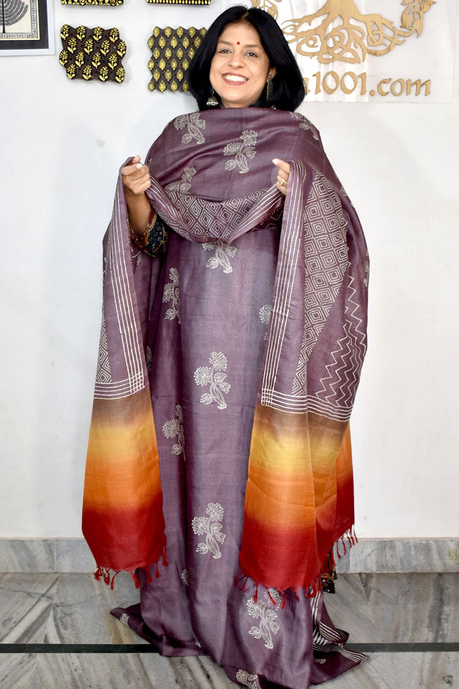 Beautiful Hand Block printed Tussar Silk Kurta Dupatta Set