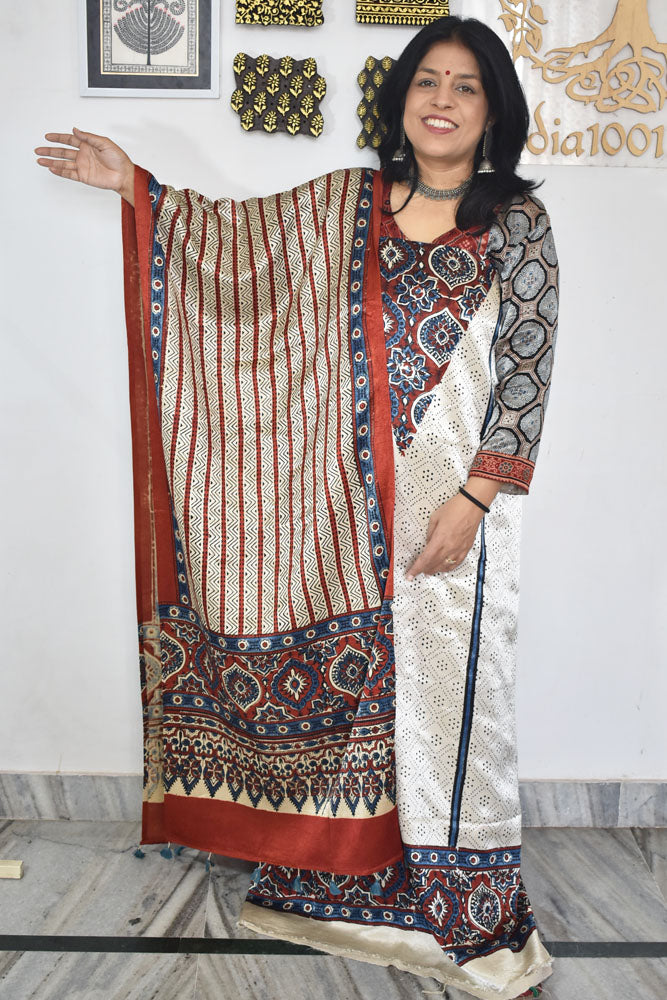 Designer Ajrakh Mashru Silk Unstitched suit with  panel / yoke design- 3 piece set