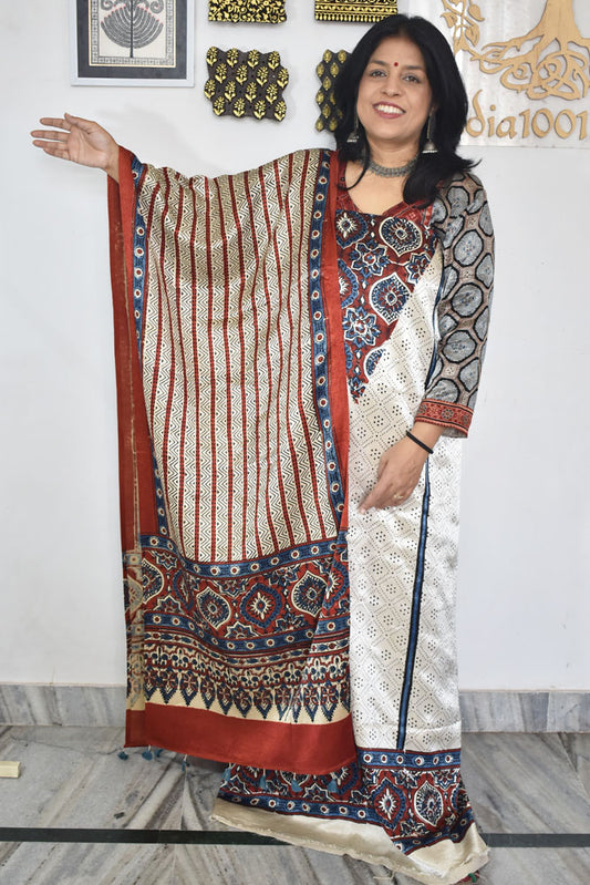 Designer Ajrakh Mashru Silk Unstitched suit with  panel / yoke design- 3 piece set