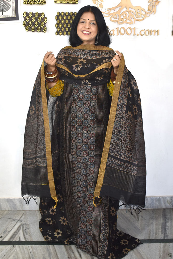 Beautiful Pure Linen Ajrakh  Hand Block Print Suit