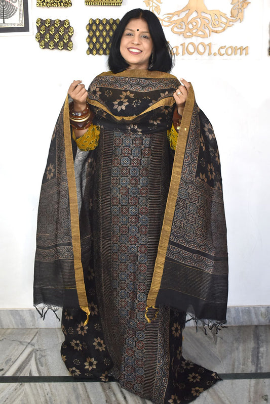 Beautiful Pure Linen Ajrakh  Hand Block Print Suit
