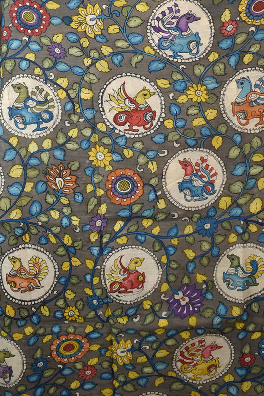 Beautiful Hand Painted Pen Kalamkari  Bangalore Silk Fabric - 2.5 mtrs cut