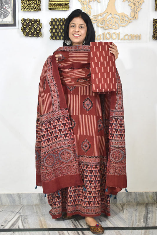 Designer Ajrakh Cotton kurta with  panel design & Mirror work & Cotton dupatta - 3 piece set