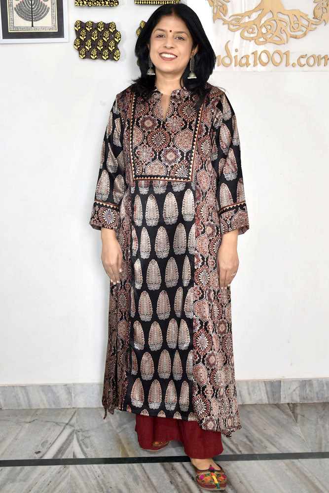 Beautiful Mashru Silk Kurta with Ajrakh block print  - Size 40 - 48