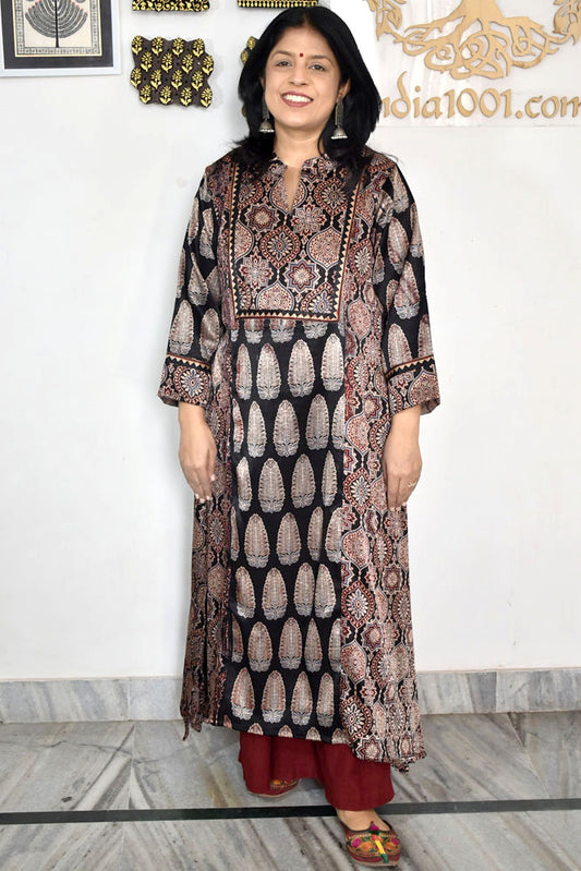 Beautiful Mashru Silk Kurta with Ajrakh block print  - Size 40 - 48