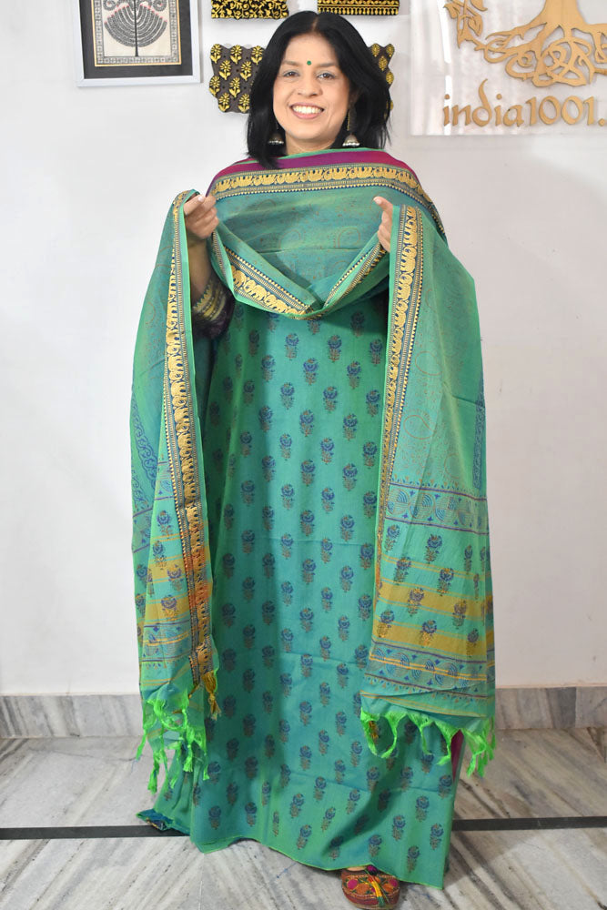 Beautiful Handwoven Chettinad & Narayanpet Cotton suit with Hand block print Dupatta