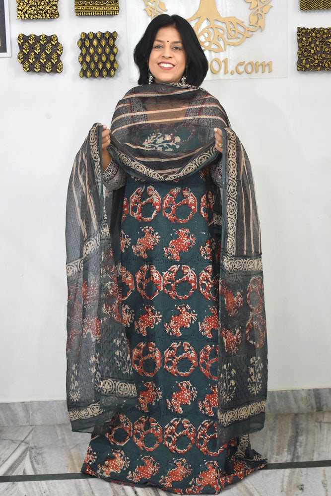Beautiful Vanaspathi Ajrakh Pure cotton suit with Kota Doria dupatta