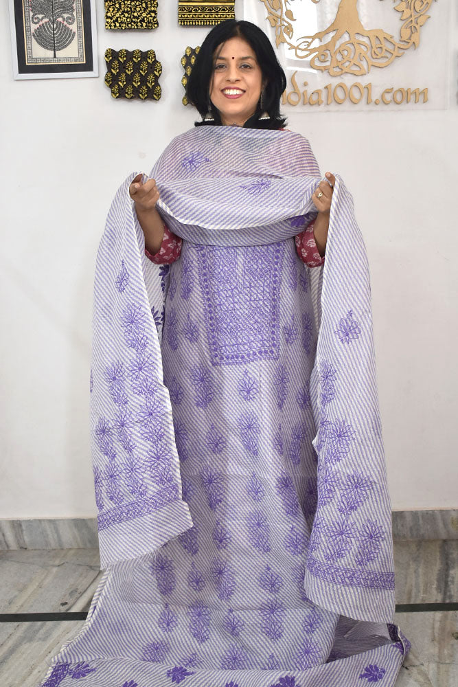 Elegant Leheriya Lucknowi Chikankari Hand Embroidery work Kurta Fabric and dupatta set - 2 pc set