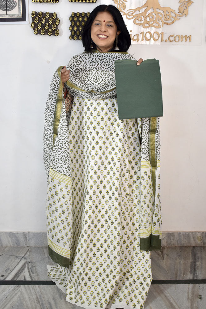 Beautiful Hand Block Printed Cotton unstitched suit fabric with Woven Borders Cotton dupatta