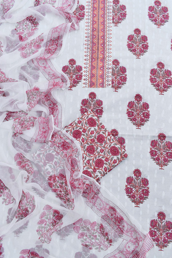 Premium Cotton Unstitched Suit with Neck patch, Intricate Hand Embroidery & Block print dupatta