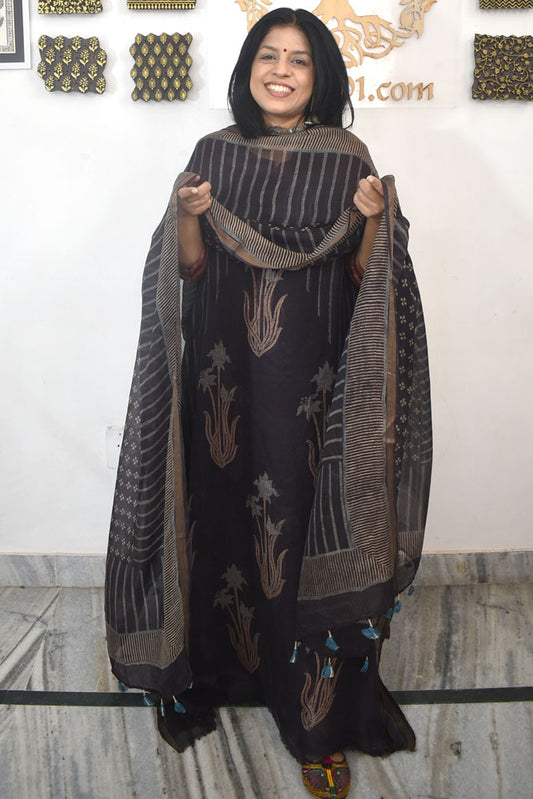 Designer Ajrakh Kota Silk Unstitched suit with Kota Silk Dupatta  - 2 piece set