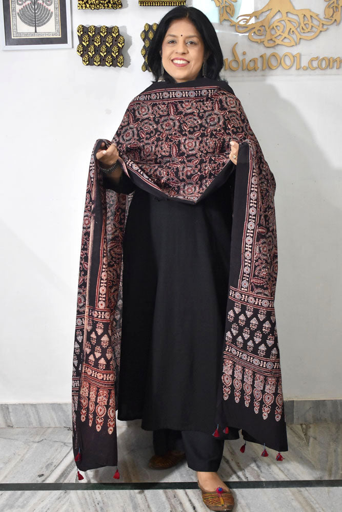 Ajrakh Hand Block Printed Cotton Dupatta with Tassels & natural dyes