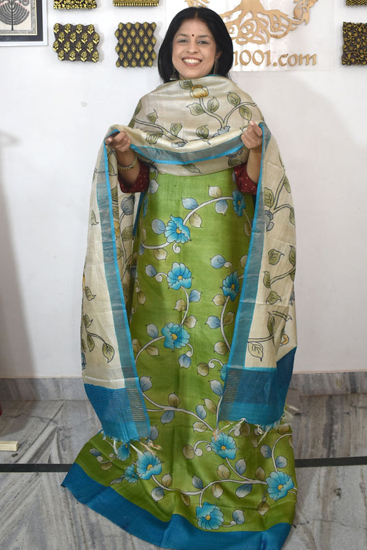 Beautiful Hand Block printed Tussar Silk Kurta Dupatta Set