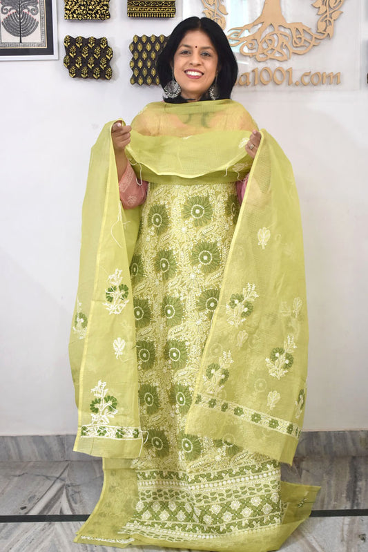 Elegant Lucknowi Chikankari Hand Embroidery work Kurta Fabric and dupatta set - 2 pc set