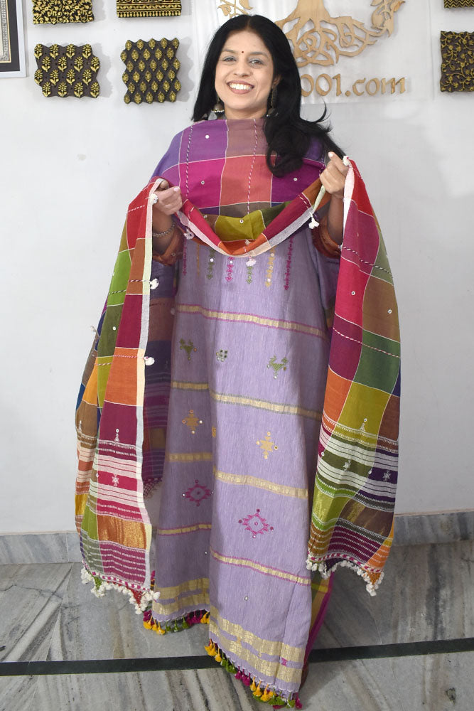 Premium Handwoven Kala Cotton Bhujodi suits with Mirror Work - 3 pc set