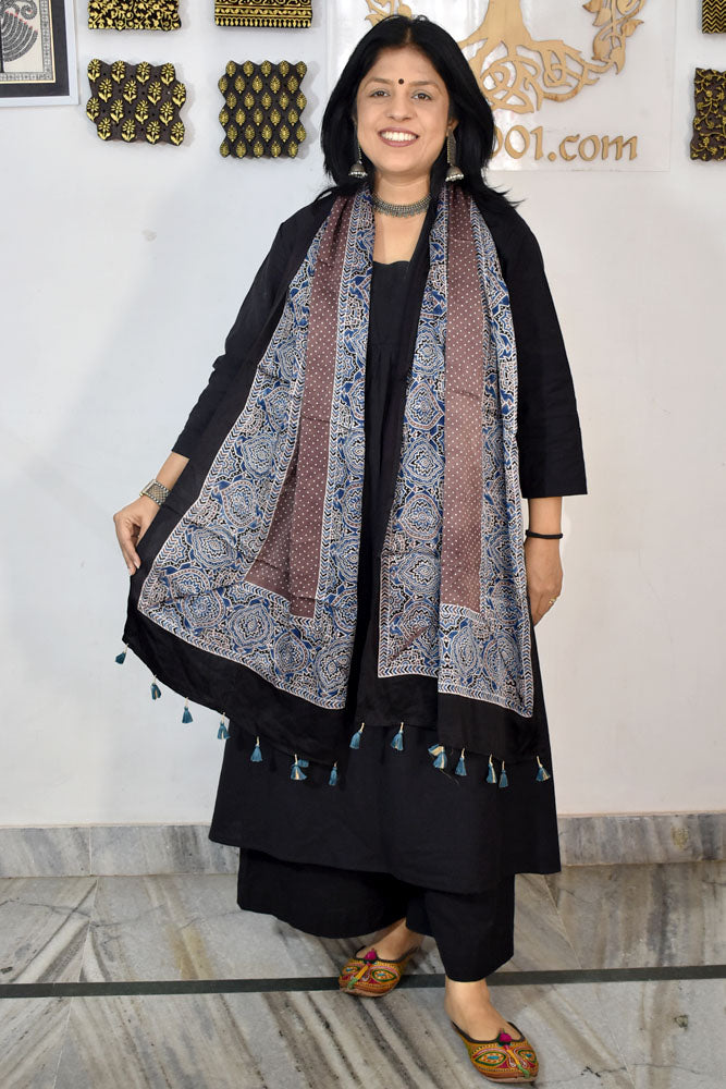 Beautiful Hand Block Printed Ajrakh Modal Silk stole with Tassels