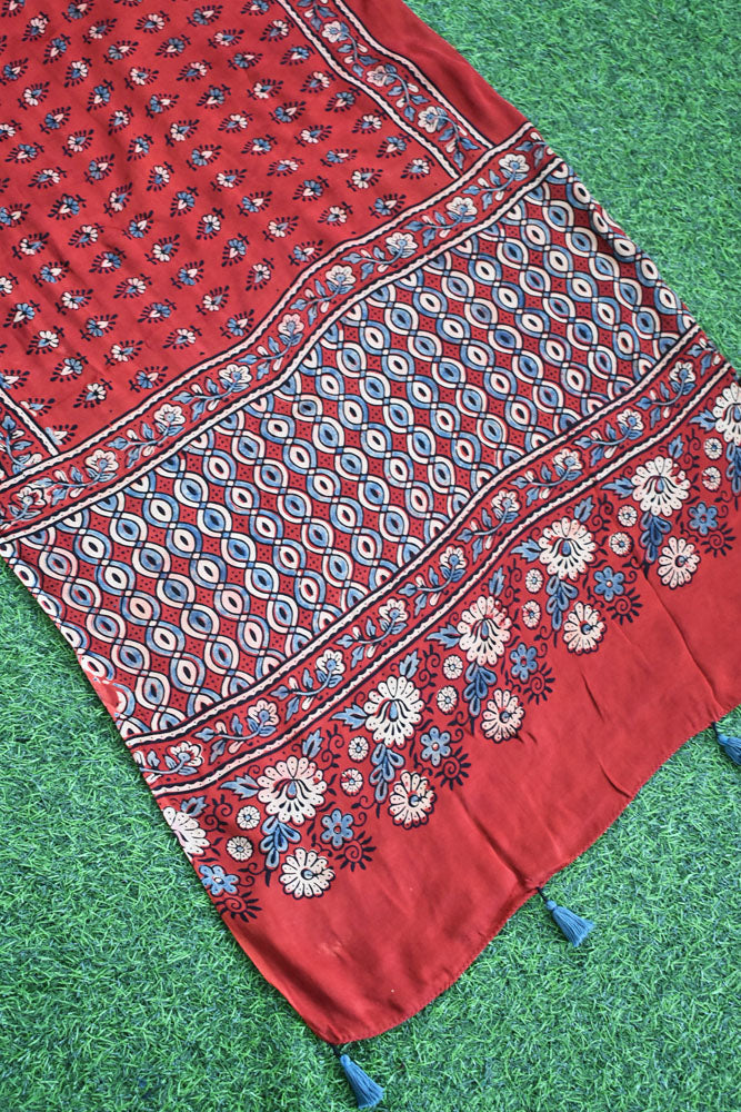 Beautiful Hand Block Printed Ajrakh Modal Silk stole with Tassels