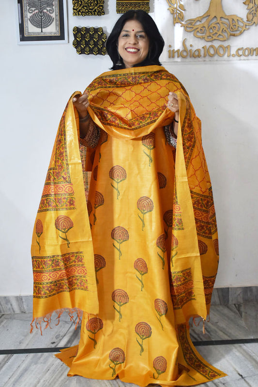 Elegant Hand Block printed Moonga Tussar Silk Kurta Dupatta Set