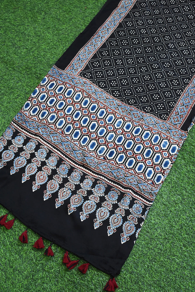 Beautiful Hand Block Printed Ajrakh Modal Silk stole with Tassels