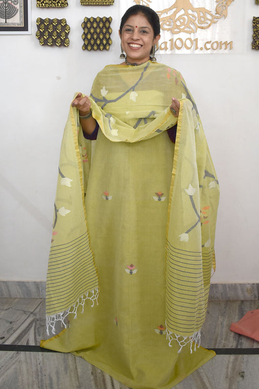 Kalakriti : Beautiful Hand Woven Soft Cotton Needle Jamdani Kurta Fabric & Dupatta set